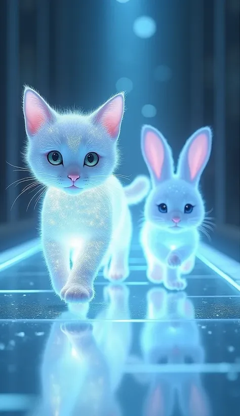 " create a translucent white cat with reflections that shine like ice crystals ,  walking gently on an illuminated glass walkway .  Accompanying you is a small rabbit cub with bright light blue fur,  both parading with synchrony and an enchanting beauty . ...