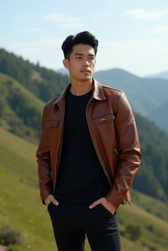 24 year old handsome boy wearing black t shirt and brown lether jacket and black pant , height 59 , black hair , simple pose , near hill 