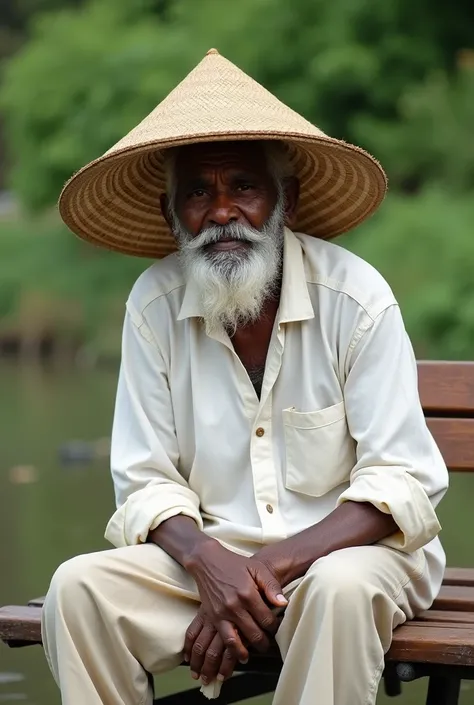  a simple black elderly man sitting on a wooden bench outdoors.  He is wearing a wide and shabby straw hat , a white outfit and simple beige pants .  He has a long white beard and seems to be relaxed and at ease .  The background is a lush, green backdrop ...