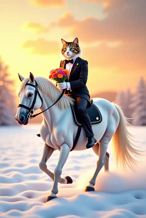 A realistic cat is setting at sunset in pure white snow wearing a black tuxedo riding a white horse and running with a bouquet of flowers