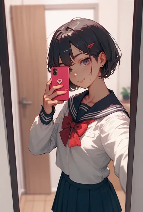 Anime girl in school uniform and short hair, taking a selfie in a mirror