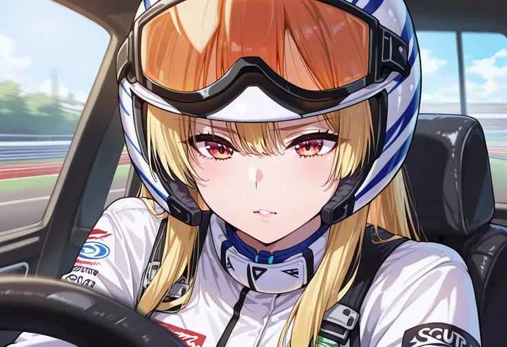 Dynamic close-up of a female race car driver shifting gears:
Composition: Close-up, angled view from the side of the cockpit
Subject: Young woman with long hair flowing back from wind
Face: Intense concentration, eyes focused on the track ahead
Lips: Deep ...