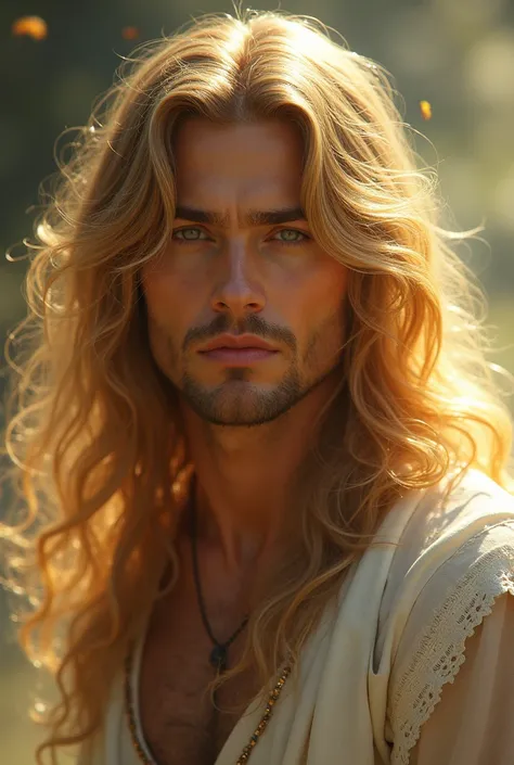 Beautifull man with long golden hair, wingless. realistic