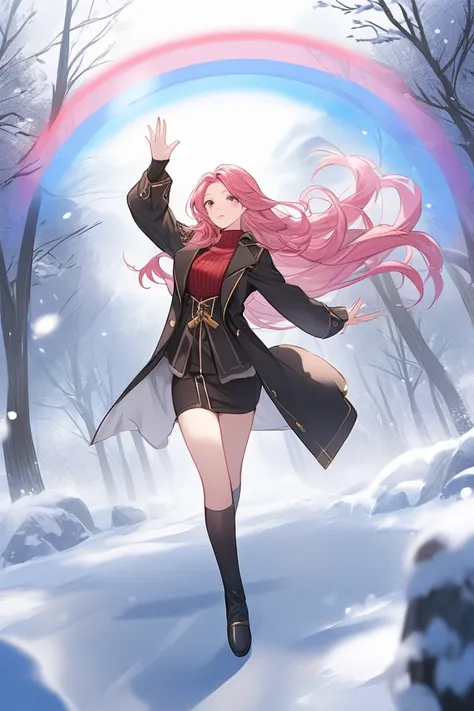  top quality , Super fine, 16k, 2.5D,  Delicate and Dynamic Depiction ,winter,walk,A fashionable adult Alassar woman , red knit inner ,Black long coat , black miniskirt, long boots、 flying in the sky,pink long hair, plays a sacred sound with the singing vo...