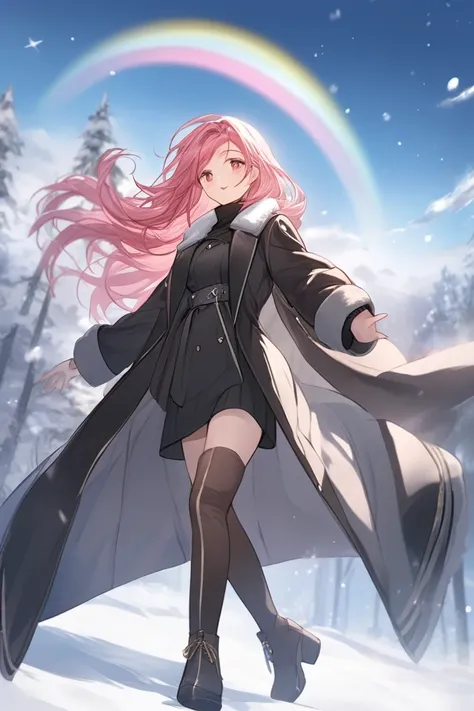  top quality , Super fine, 16k, 2.5D,  Delicate and Dynamic Depiction ,winter,walk,A fashionable adult Alassar woman , red knit inner ,Black long coat , black miniskirt, long boots、 flying in the sky,pink long hair, plays a sacred sound with the singing vo...