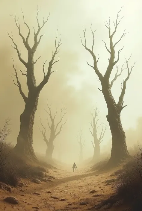 A desolated land with withered surface and dusty wind blowing up around some grown up trees under the pale sky