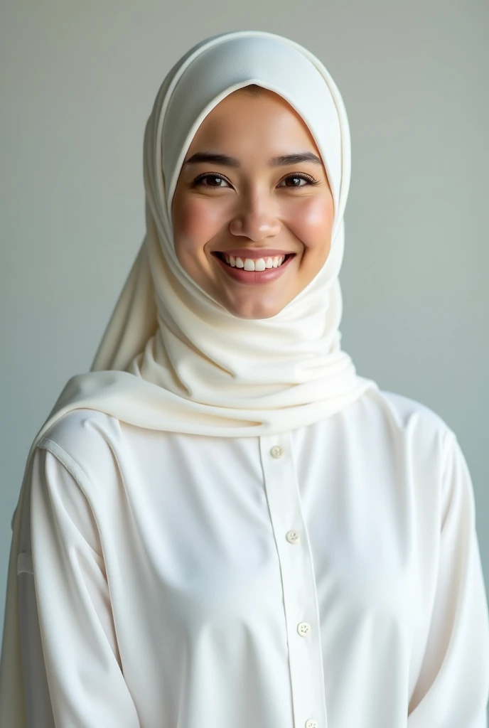  19-year-old woman in hijab wearing white shirt and smiling, visible from head to waist 