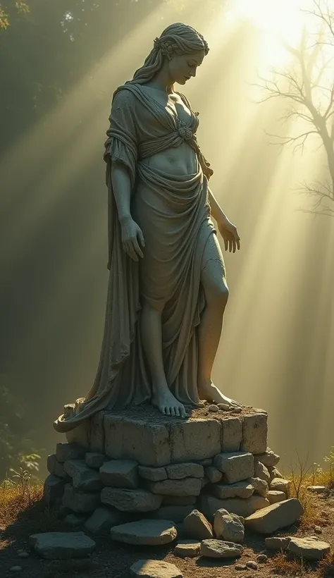 
A crumbling statue ,  symbolizing the fall of human pride before divine power, With rays of sunshine shining in the background.
