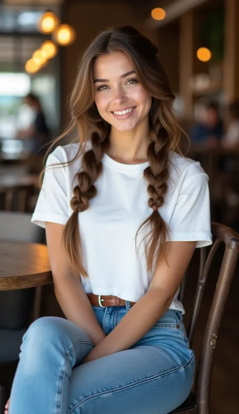 A 19-year-old beautiful girl with slight makeup, wearing casual white crop shirt and blue jeans paired with long boots. Her long brown hair is styled in a French braid, and her hazel brown eyes shine with a natural, captivating look. She is sitting in cafe...