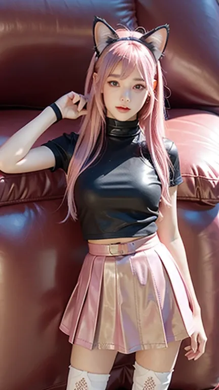 Teenager with pink hair, slim model, Leather BH, pink pleated Leather skirt, Leather arm warmers, knee-high Leather boots, cat ears, bouncy castle, realistic, standing
