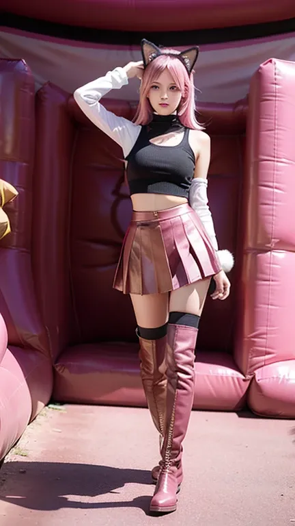 Teenager with pink hair, slim model, Leather BH, pink pleated Leather skirt, Leather arm warmers, knee-high Leather boots, cat ears, bouncy castle, realistic, standing
