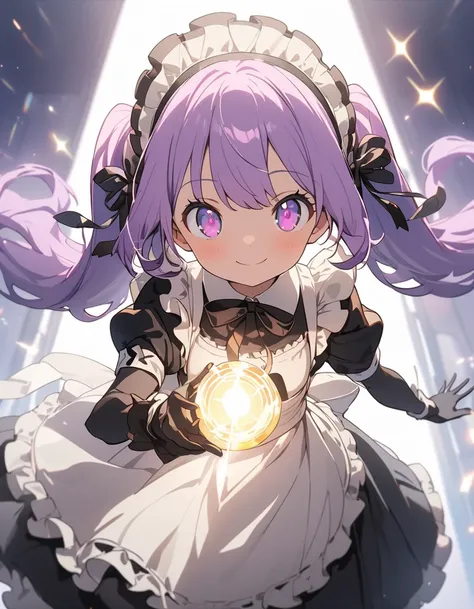 Long purple hair ,  wearing maid clothes , fullbody, round glasses, Front Light ,Cute 2D, Front lighting 、( for a woman with bristles、masterpiece、 high res、 Details)、animeスタイル、 flat style 、(Shining Eyes、 Details美しい顔),  1 girl、extremely  Details、( Shining),...