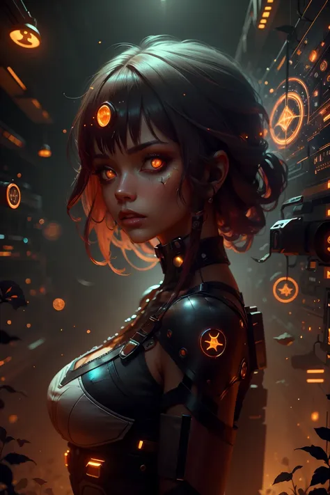  The girl with orange hair, with a blue cyber punk suit , on a colorful meadow, at night