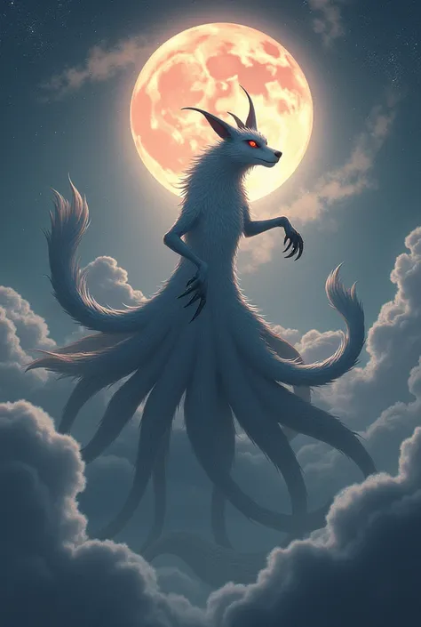 Kyubi is a red-eyed Japanese legend with long and nine claws 
 Tails and stands on the clouds
