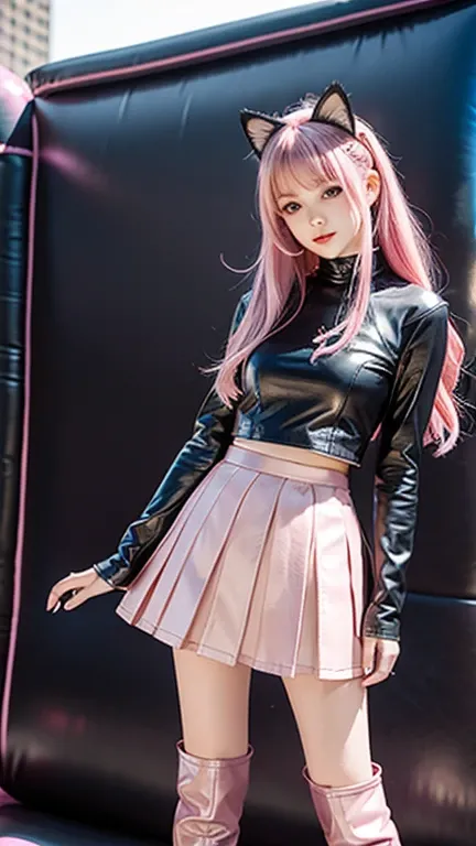 Teenager with pink hair, slim model, Leather BH, pink pleated Leather skirt, Leather arm warmers, knee-high Leather boots, cat ears, bouncy castle, realistic, standing
