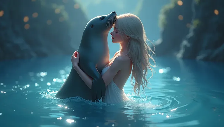 "A woman emerging from water, with a seal climbing up beside her to embrace her, symbolizing harmony and connection. The woman has long, flowing hair, wearing a simple, elegant dress that drapes gently around her body, creating a sense of ethereal beauty. ...