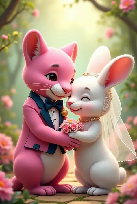 Adorable Panther with pink fur wearing a tuxedo getting married to a cute little white rabbit wearing a bridal veil 