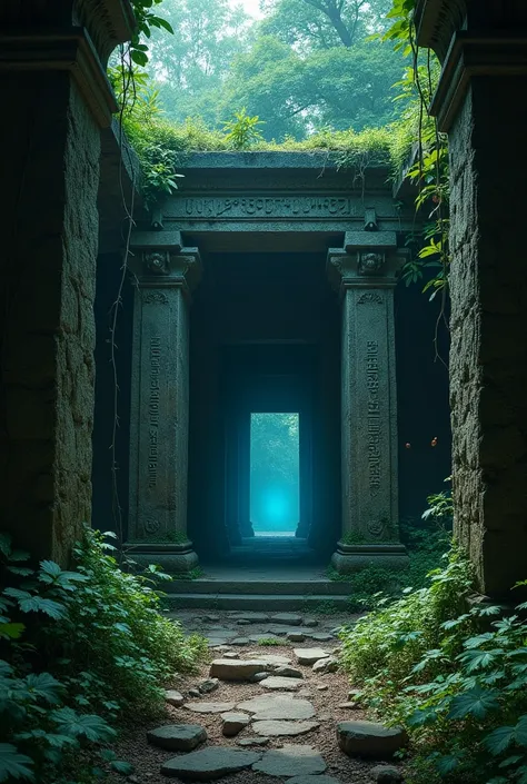 "An ancient ruined temple deep in the forest, overgrown with vines and moss. The stone walls are crumbling, and the entrance is marked with faded Sanskrit carvings. Inside, the space is dimly lit by cracks in the ceiling. Dust motes float in the air, and f...