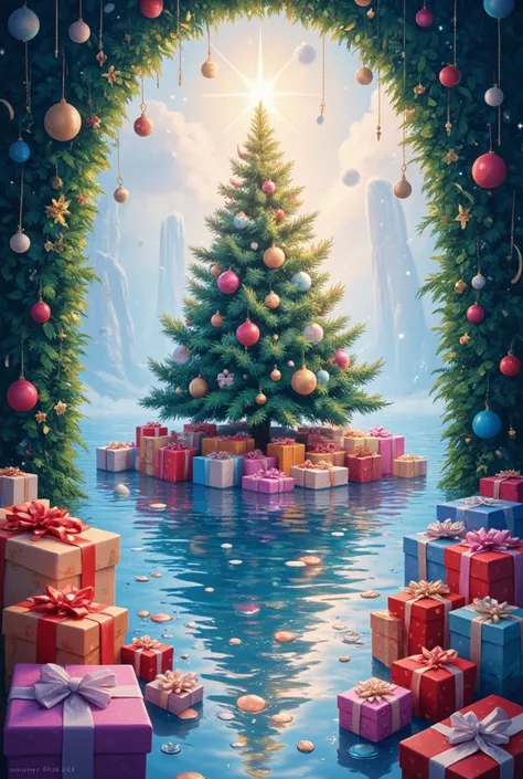 create a picture about the new year 2025 with gifts on the sides and a Christmas tree in the back and water style