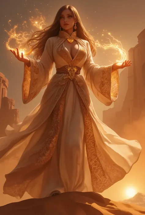 A dramatic scene showcasing a desert sorceress standing atop a golden dune at sunset. Her flowing robes blend traditional Middle Eastern patterns with fantasy elements, and her tattoos or jewelry glow with golden energy. Swirling sand, sparks, and streaks ...