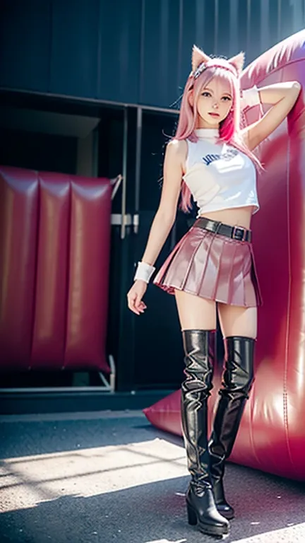 Teenager with pink hair, slim model, Leather BH, pink pleated Leather skirt, Leather arm warmers, knee-high Leather boots, cat ears, bouncy castle, realistic, standing
