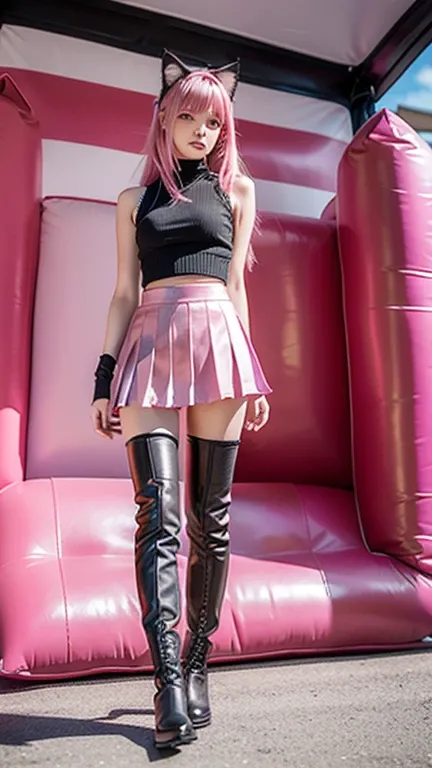 Teenager with pink hair, slim model, Leather BH, pink pleated Leather skirt, Leather arm warmers, knee-high Leather boots, cat ears, bouncy castle, realistic, standing
