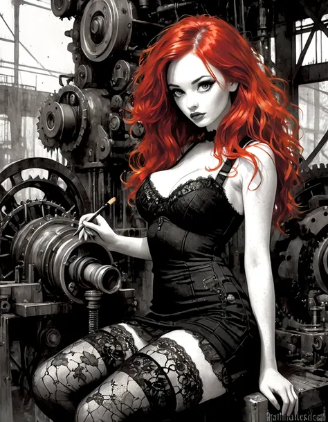 sexy girl, long messy red hair, black lace dress, stockings, medium breast, abandoned industry, industrial machine, pleasure,, black and white sketch style, art inspired by Bill Sienkiewicz and Dave McKean, (best quality,4k,8k,highres,masterpiece:1.2),ultr...