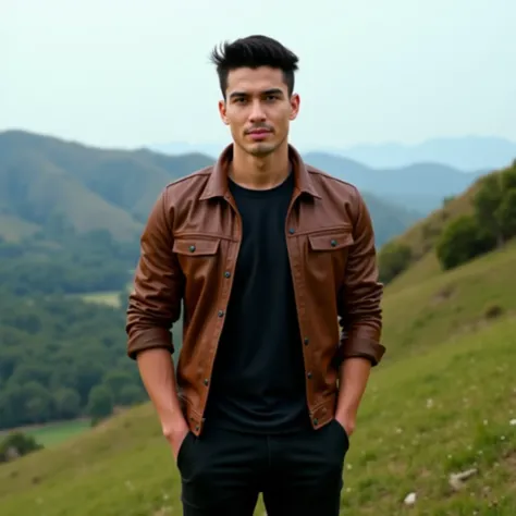 24 year old handsome little muscular boy wearing black t shirt and brown lether jacket and black pant , height 59 , black hair , simple pose , near hill 