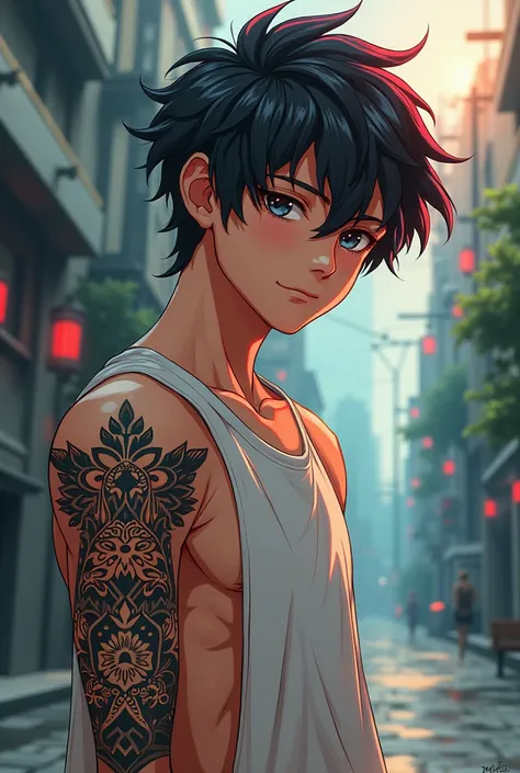 Young male aged 16 and 1 .67 m tall with a tattoo on the arm in unknown language anime version