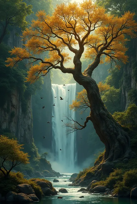 Steve Waratau Renagi e. ) 1
filigree, gracious, tiny birds
flying out, dynamic pose,
highly detailed unusual
beautiful details, intricated,
tiny details masterpiece,
high quality, intricated
lighting, luminism, with full view of the entire beautiful tree a...