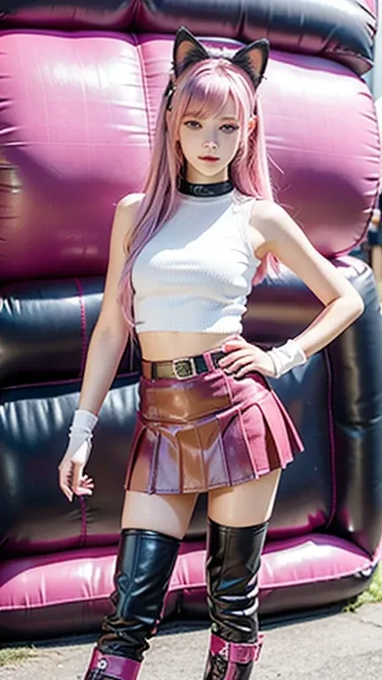 Teenager with pink hair, slim model, Leather BH, pink pleated Leather skirt, Leather arm warmers, knee-high Leather boots, cat ears, bouncy castle, realistic, standing
