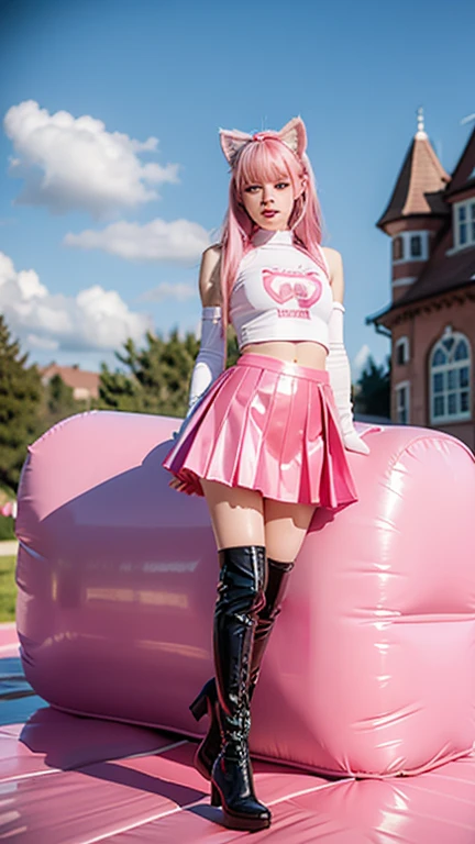  teenager with pink hair, slim model, Latex BH  ,  pleats latex skirt pink,  latex arm warmer ,  knee-high latex boots, Cat ears, bouncy castle  ,  realistic , Standing