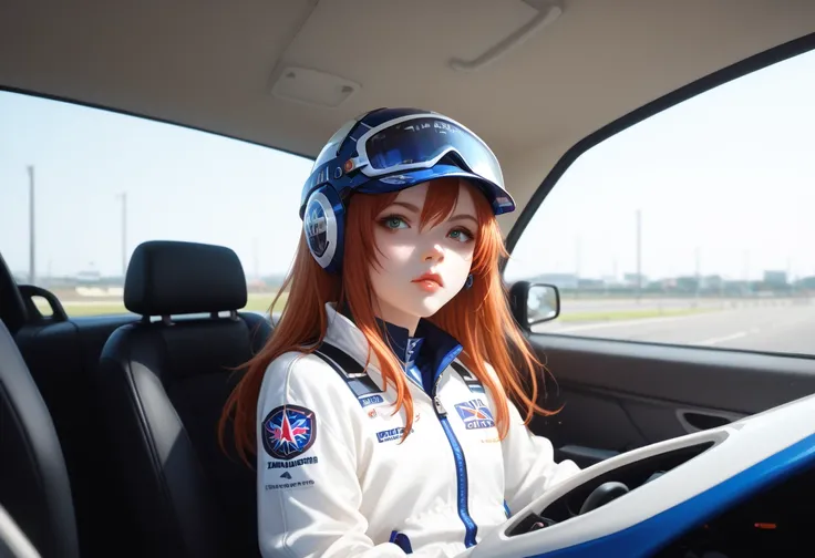 Dynamic close-up of a female race car driver shifting gears: Composition: Close-up, angled view from the side of the cockpit Subject: Young woman with long hair flowing back from wind Face: Intense concentration, eyes focused on the track ahead Lips: Deep ...