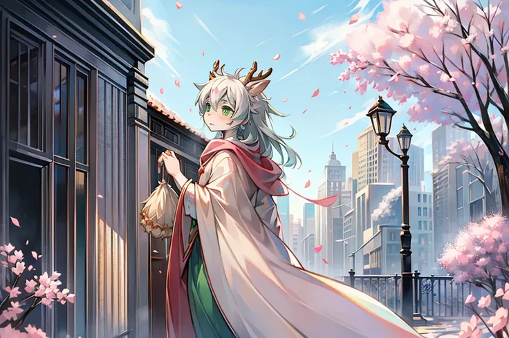 A white deer，Holding an umbrella， Green Eyes ， antlers，street，Falling Flowers， pink petals， light green robe ， Flowing Robe ，Blue sky，sea，Cold atmosphere ， sad expression 