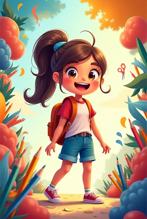  Generate an image of a girl with her backpack ready at school.  Have tools on the border of the image . scissors, notebooks, pencils, for a flyer.  May it be more colorful and may the girl be happy 