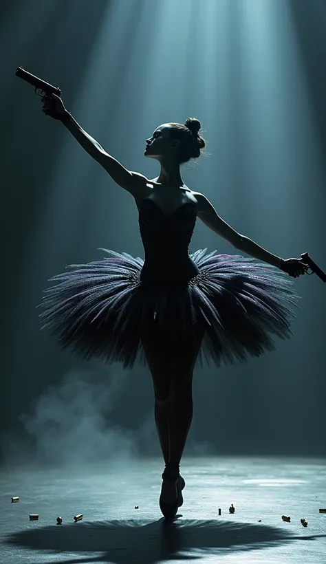 A highly realistic depiction of a transformed black swan ballerina, blending elegance and action in a striking display. The ballerina is entirely a sleek black swan, with her feathers shimmering with iridescent shades of deep black and purple. Her swan-lik...