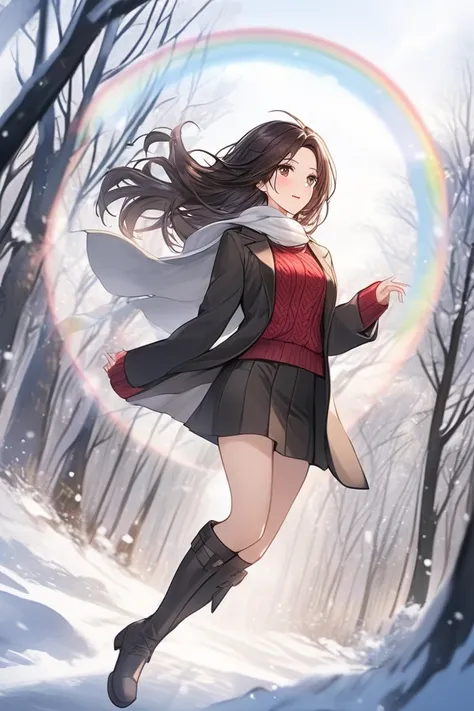  top quality , Super fine, 16k, 2.5D,  Delicate and Dynamic Depiction ,winter,walk, muffler ,A fashionable adult Alassar woman , red knit inner ,Black long coat , black miniskirt, long boots、 flying in the sky,dark brown long hair, plays a sacred sound wit...