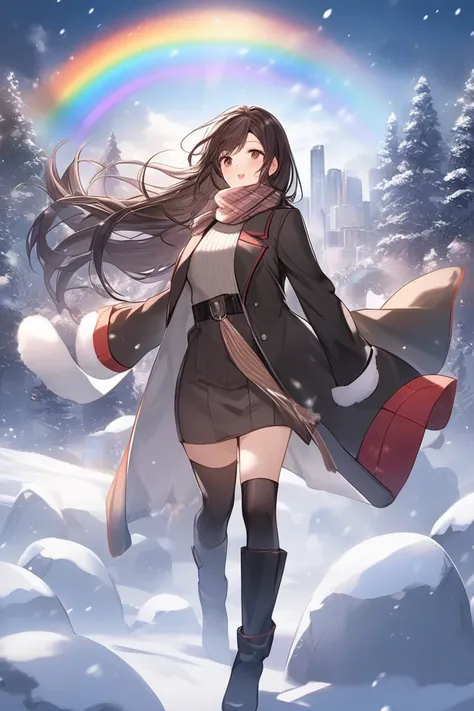  top quality , Super fine, 16k, 2.5D,  Delicate and Dynamic Depiction ,winter,walk, muffler ,A fashionable adult Alassar woman , red knit inner ,Black long coat , black miniskirt, long boots、 flying in the sky,dark brown long hair, plays a sacred sound wit...