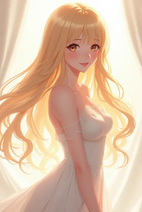 Blonde girl with long hair with mature anime-style body 