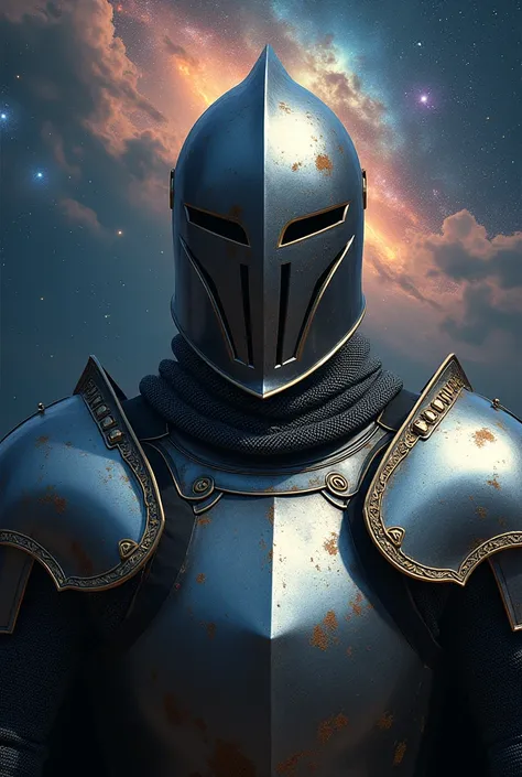 Realistic portrait on the side of a knight in armor wearing a closed helmet without seeing his face with a galaxy in the background in close-up on his head and torso 
