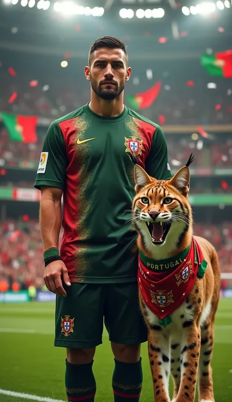 A football player wearing the Portugal national team jersey, featuring a dark green and red design with golden details, confidently standing in a vibrant stadium filled with cheering fans and fluttering Portuguese flags in the background. The player exudes...