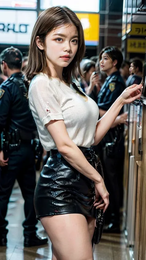 beautiful Japanese woman, 22 years old, perfect anatomy, healthy thighs, beautiful legs, beautiful skin, random hair color, random hairstyle, large breasts, female police officer, (Japanese police uniform:1.3), (miniskirt:1.3), (she is standing:1.2), full ...