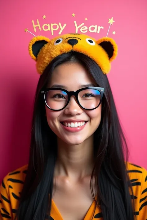  sexy girl,  long straight black hair ,  happy new year pink background,big glasses,Happy New Year letters on the head and with a tiger 