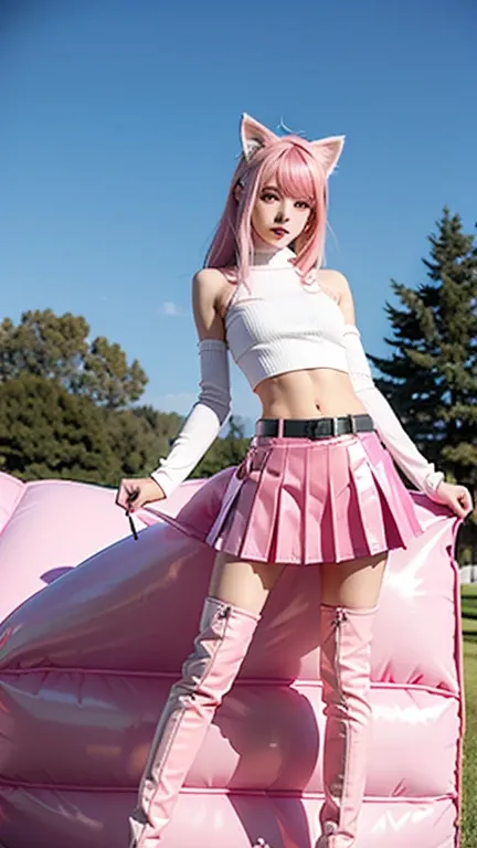  teenager with pink hair, slim model  ,  pleats latex skirt pink,  latex arm warmer ,  knee-high latex boots, Cat ears, bouncy castle  ,  realistic , Standing