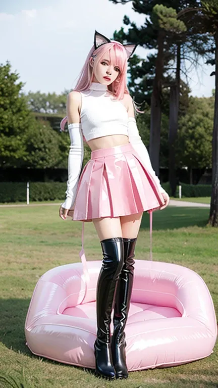  teenager with pink hair, slim model  ,  pleats latex skirt pink,  latex arm warmer ,  knee-high latex boots, Cat ears, bouncy castle  ,  realistic , Standing