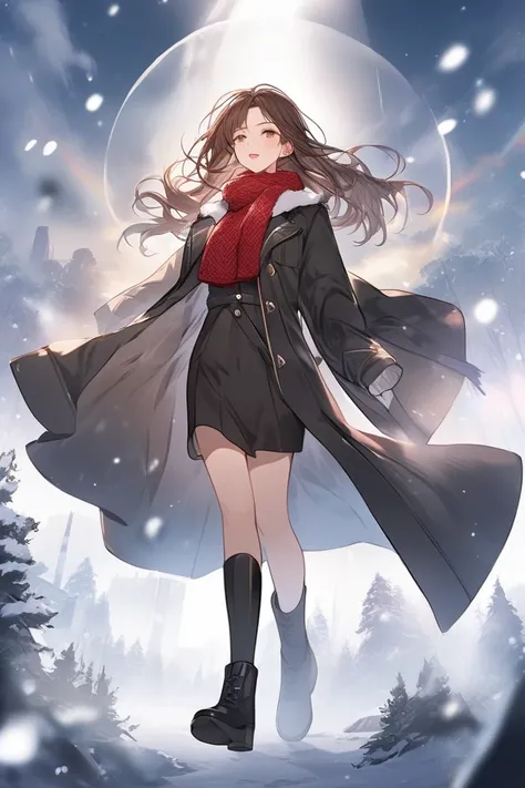  top quality , Super fine, 16k, 2.5D,  Delicate and Dynamic Depiction ,winter,walk, muffler ,A fashionable adult Alassar woman , red knit inner ,Black long coat , black miniskirt, long boots、 flying in the sky,long brown hair, plays a sacred sound with the...