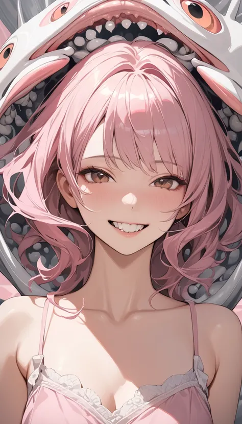 ((masterpiece)),((best quality)),((16k)),((surreal)),((vulgar)),highly detailed,(one woman),beautiful and exquisite,(beautiful teeth),smiling,pink hair,brown eyes,((pink camisole)),(upper body),((background: plain pink and white grey)