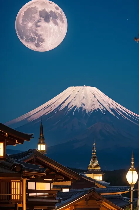 An image of a full moon appearing from behind Mt. Fuji