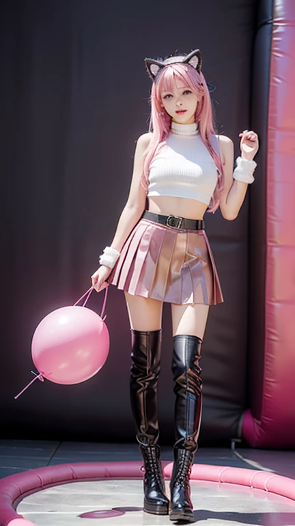 Teenager with pink hair, slim model, Leather BH, pink pleated Leather skirt, Leather arm warmers, knee-high Leather boots, cat ears, bouncy castle, realistic, standing
