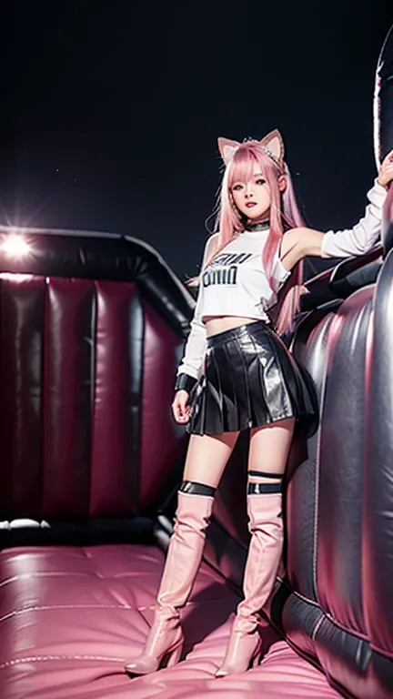 Teenager with pink hair, slim model, Leather BH, pink pleated Leather skirt, Leather arm warmers, knee-high Leather boots, cat ears, bouncy castle, realistic, standing
